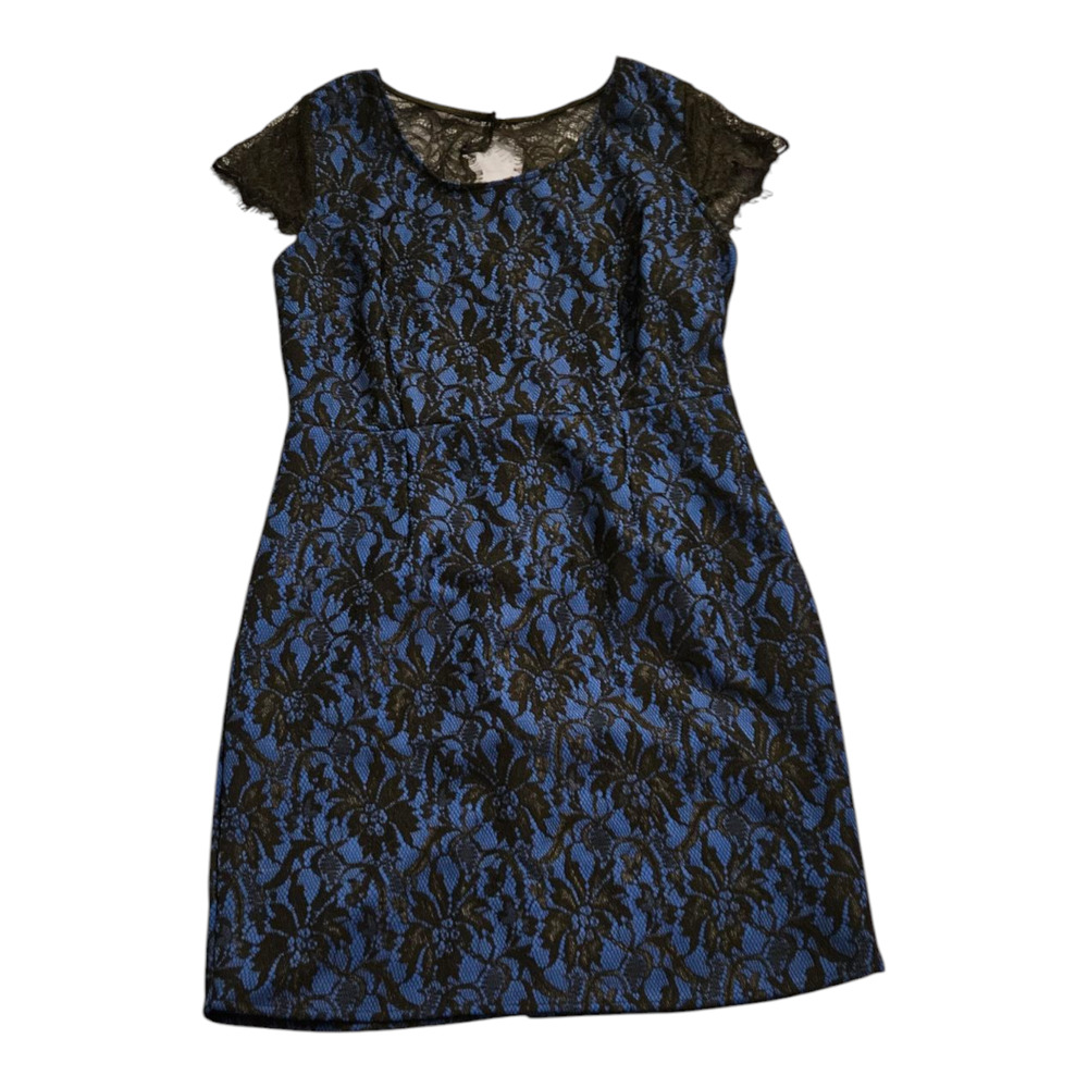 Large Blue and Black Short Sleeve Lace Short Dress